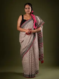 De Loom Floral Pure Cotton Block Print Saree