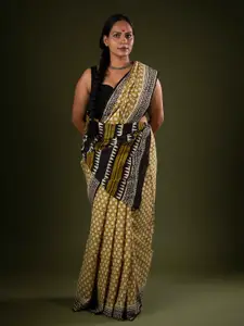 De Loom Polka Dot Pure Cotton Block Print Saree