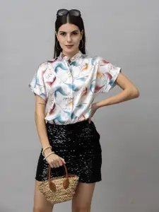 PURYS Smart Abstract Printed Band Collar Satin Casual Shirt