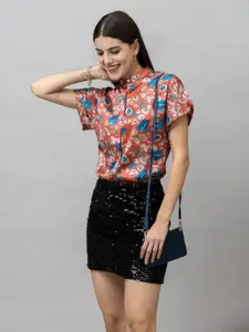 PURYS Smart Floral Printed Band Collar Satin Casual Shirt