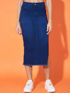 Purple Feather Denim Light Washed Pencil Skirt