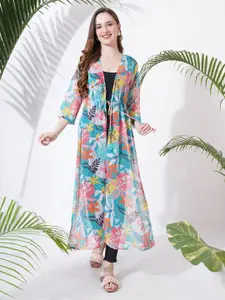 Fbella Women Floral Printed Tasselled Longline Tie-Up Shrug