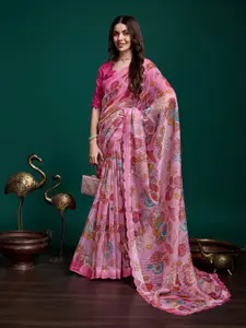 Ishin Floral Embellished Beads and Stones Organza Saree With Blouse Piece