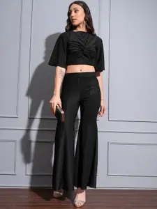 Tokyo Talkies Shimmery Knotted Crop Top & Flared Trousers Co-Ords