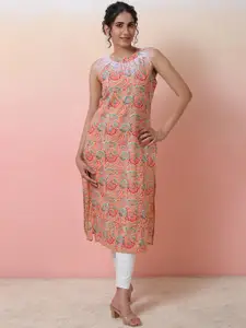 Sangria Women Floral-Printed Cotton Halter Neck Straight Kurta