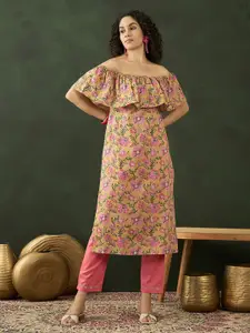 Sangria Women Floral-Printed Cotton Off-Shoulder Straight Kurta