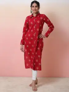 Sangria Women Ethnic Motif-Printed Cotton Shirt Collar Straight Kurta