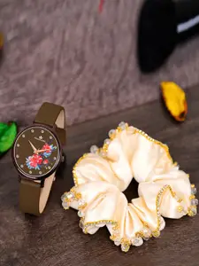 Franklord Floral Series Brass Patterned Dial & Textured Straps Analogue Watch F-135 SLGLB