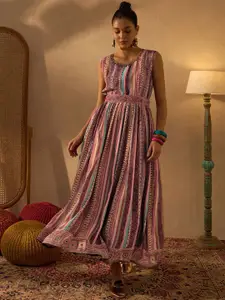 Anouk Women Striped Round Neck Fit & Flared Dress With Belt