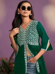 Sangria Chikankari Embroidered V-Neck Short Kurtis