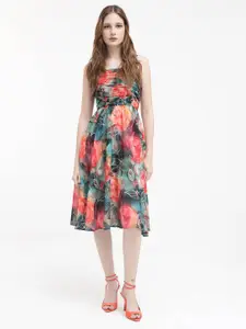 RAREISM Floral Printed Shoulder Straps Cotton Fit & Flare Midi Dress