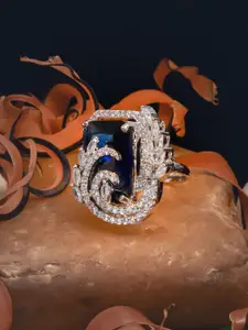 Designs By MANIKYA Rhodium-Plated Cubic Zirconia Stone-Studded Cocktail Finger Ring