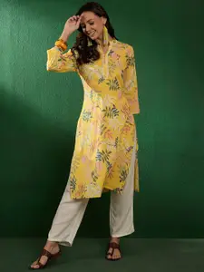 Sangria Floral Leaf Printed Mandarin Collar Cotton Straight Kurtas