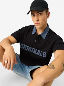 The Souled Store Graphic Printed Polo Collar Drop-Shoulder Sleeves Pure Cotton T-shirt