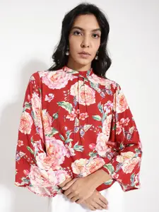 RAREISM Floral Print Flared Sleeve Cotton Styled Back Top