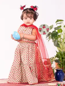 VASTRAMAY Girls Printed Ready to Wear Cotton Lehenga & Blouse With Dupatta