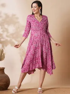 Globus Allover Floral Printed Wrap Neck Asymmetric Hem A-Line Fusion Midi Dress