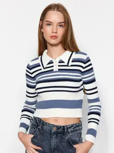 Trendyol Striped Shawl Collar Crop Pullover Sweaters