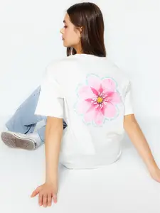 Trendyol Floral Printed Drop-Shoulder Sleeves Pure Cotton T-shirt