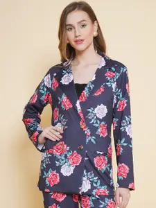 BAESD Floral Printed Notched Lapel Long Sleeves Double-Breasted Scuba Blazer