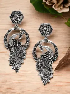 Sangria Silver-Toned Peacock Shaped Oxidised Drop Earrings