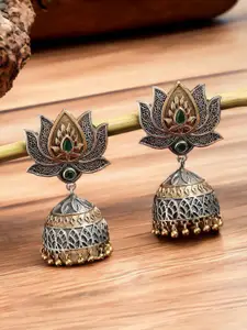 Sangria Silver-Toned Stones Studded Dome Shaped Oxidised Jhumkas