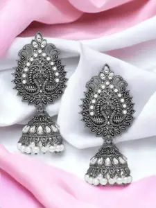 Sangria Silver-Toned Kundan Studded Peacock Shaped Oxidised Jhumkas
