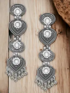 Sangria Silver-Toned Kundan Studded Contemporary Oxidised Drop Earrings