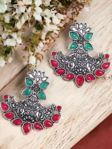 Sangria Silver-Toned Stones Studded Oxidised Lotus Floral Drop Earrings