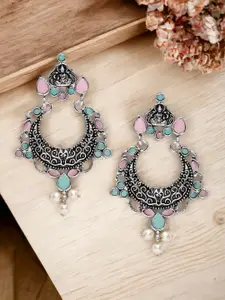 Sangria Silver-Toned Stones Studded & Beads Beaded Crescent Shaped Oxidised Chandbali