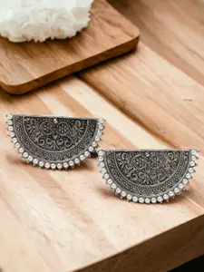 Sangria Silver-Toned Beads Beaded Crescent Shaped Oxidised Studs Earrings