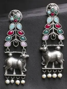 Sangria Silver-Toned Stones Studded Animal Shaped Oxidised Drop Earrings