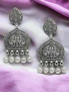 Sangria Silver-Toned Beads Beaded Peacock Shaped Oxidised Drop Earrings