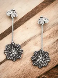 Sangria Set Of 2 Silver-Toned Stones Studded Floral Oxidised Ear Cuff & Drop Earrings