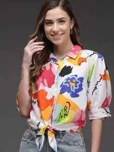 TANDUL Women Spread Collar Puff Sleeves Custom Abstract Printed Casual Shirt