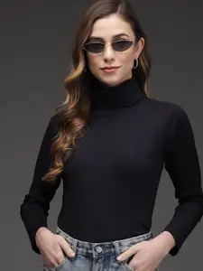 TANDUL Turtle Neck Long Sleeves Ribbed Cotton Pullover