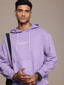 The Roadster Life Co. Pure Cotton Printed Hooded Relaxed Fit Washed Effect Sweatshirt