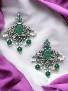 Sangria Silver-Toned Stones Studded & Beads Beaded Contemporary Oxidised Drop Earrings