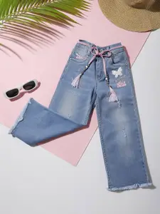 Macwin Girls Relaxed Fit Mildly Distressed Light Fade Stone Washed Cotton Jeans With Belt