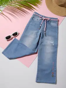 Macwin Girls Relaxed Fit Mildly Distressed Heavy Fade Stone Washed Cotton Jeans With Belt