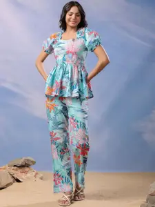 JISORA Blue Tropical Printed Square Neck Puff Sleeves Pure Cotton Top & Trousers