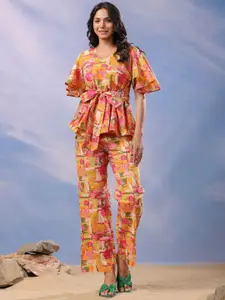 JISORA Orange Abstract Printed V-Neck Tie-Up Detailed Pure Cotton Top With Trousers
