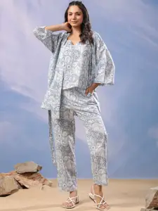 JISORA White Ethnic Printed Cotton Top & Trousers With Shrug