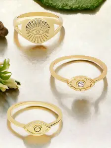 DressBerry Set Of 3 Gold-Plated Stone-Studded Evil Eye Adjustable Finger Rings
