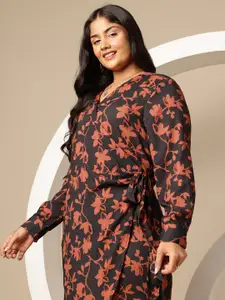 Sztori Plus Size Floral Print Waist Tie-Up Wrap Dress
