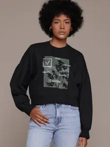 The Roadster Lifestyle Co. Printed Crop Drop-Shoulder Sleeve Sweatshirt