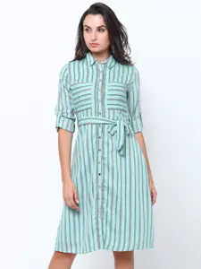 Tokyo Talkies Women Green Striped Shirt Dress
