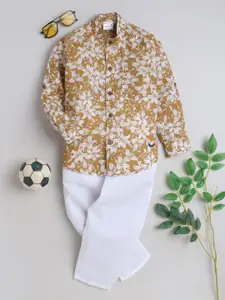 BAATCHEET Boys Printed Mandarin Collar Pure Cotton Shirt with Trousers