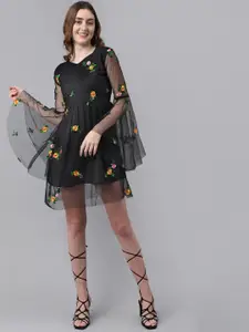 TANDUL Floral Embroidered Bell Sleeves Cotton Fit & Flare Dress