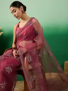 Sangria Floral Zari Embroidered Saree With Blouse Piece